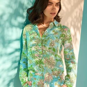 NWT Lilly Pulitzer SEA VIEW LINEN BUTTON DOWN “Fresh Water” MSRP $168 NWT sz LG
